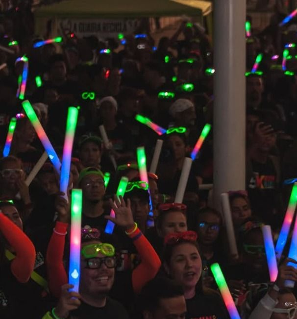 Crowd with glowing LED foam sticks and glasses, arms raised, at night.