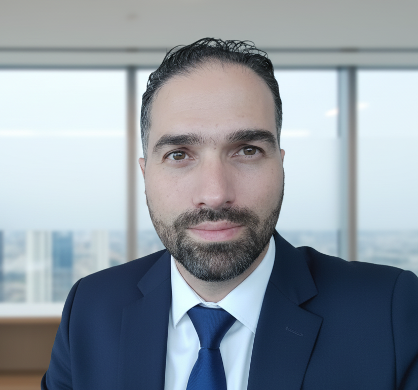 Man in a blue suit and tie, against a blurred city backdrop, looking at the camera.