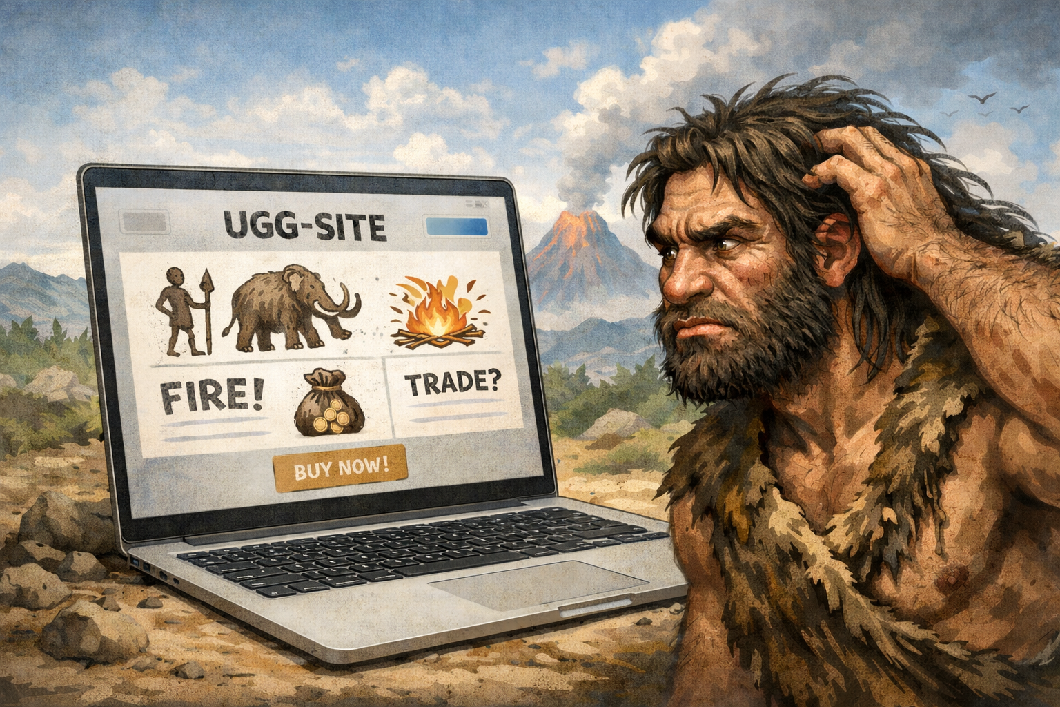 Caveman confused by a laptop displaying a website offering fire and trade goods.