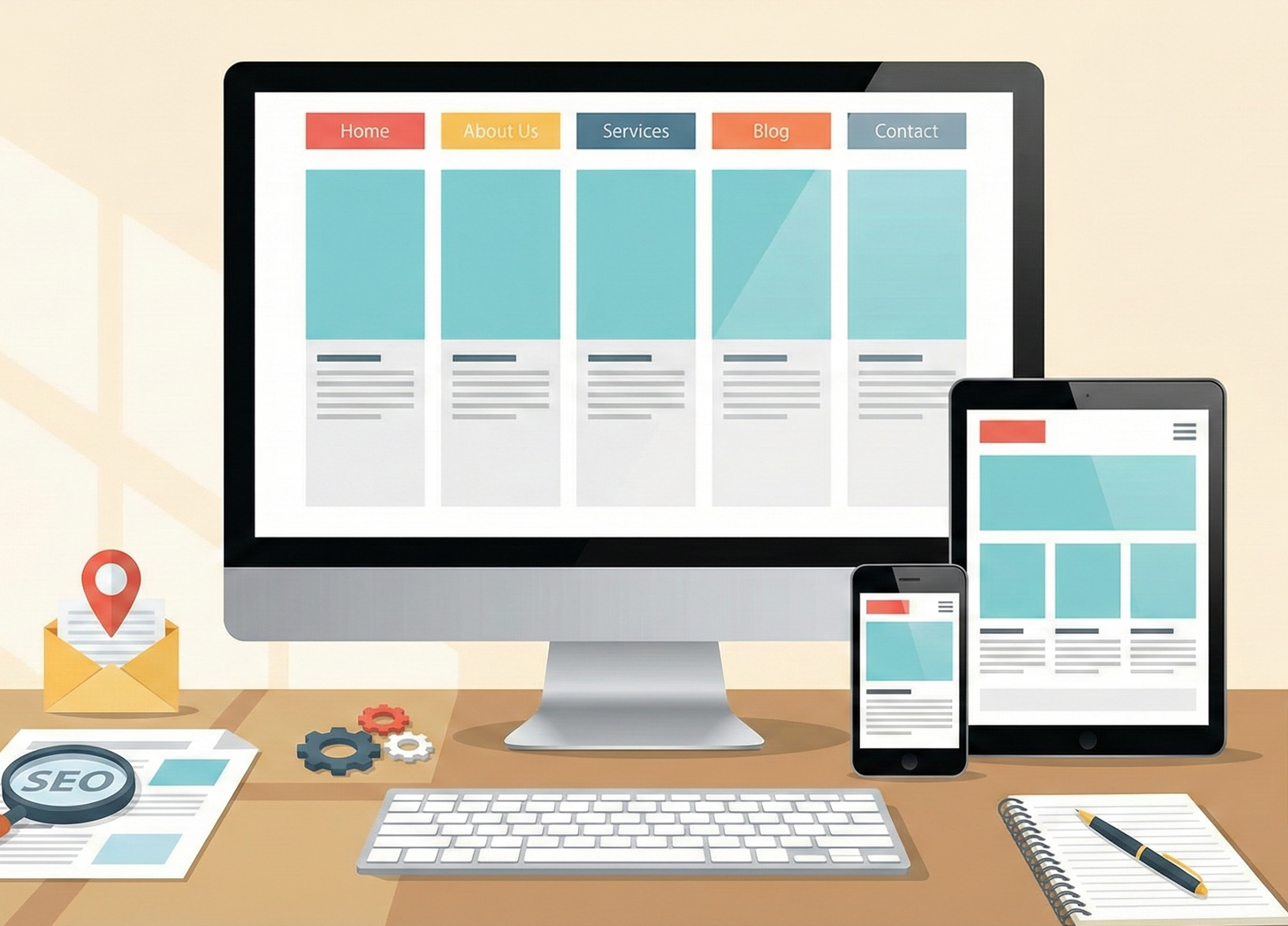 Website design mockup on multiple devices: desktop, tablet, and smartphone on a desk with SEO elements.