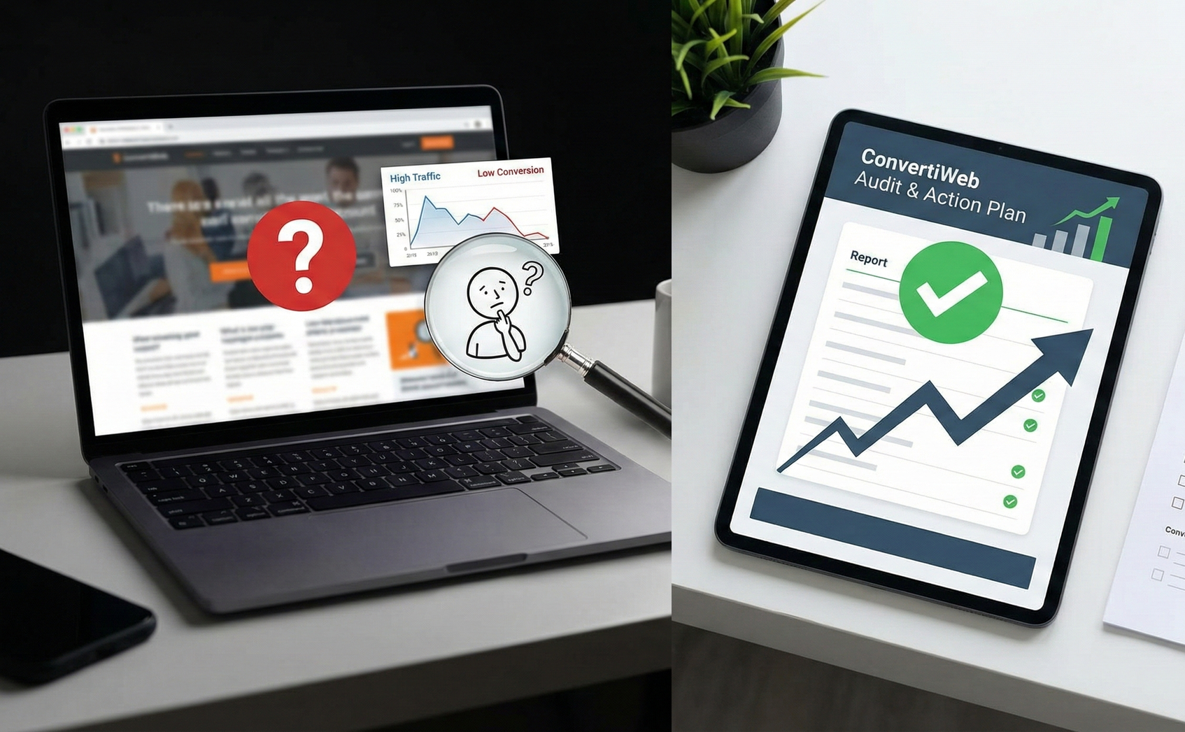 Laptop with website and question mark, magnifying glass over chart and face; tablet with chart displaying positive growth.