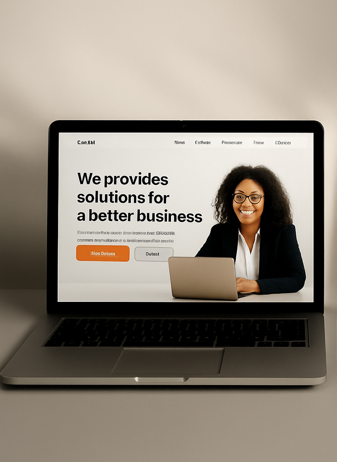 Laptop displaying website with text and photo of a smiling person, business setting.