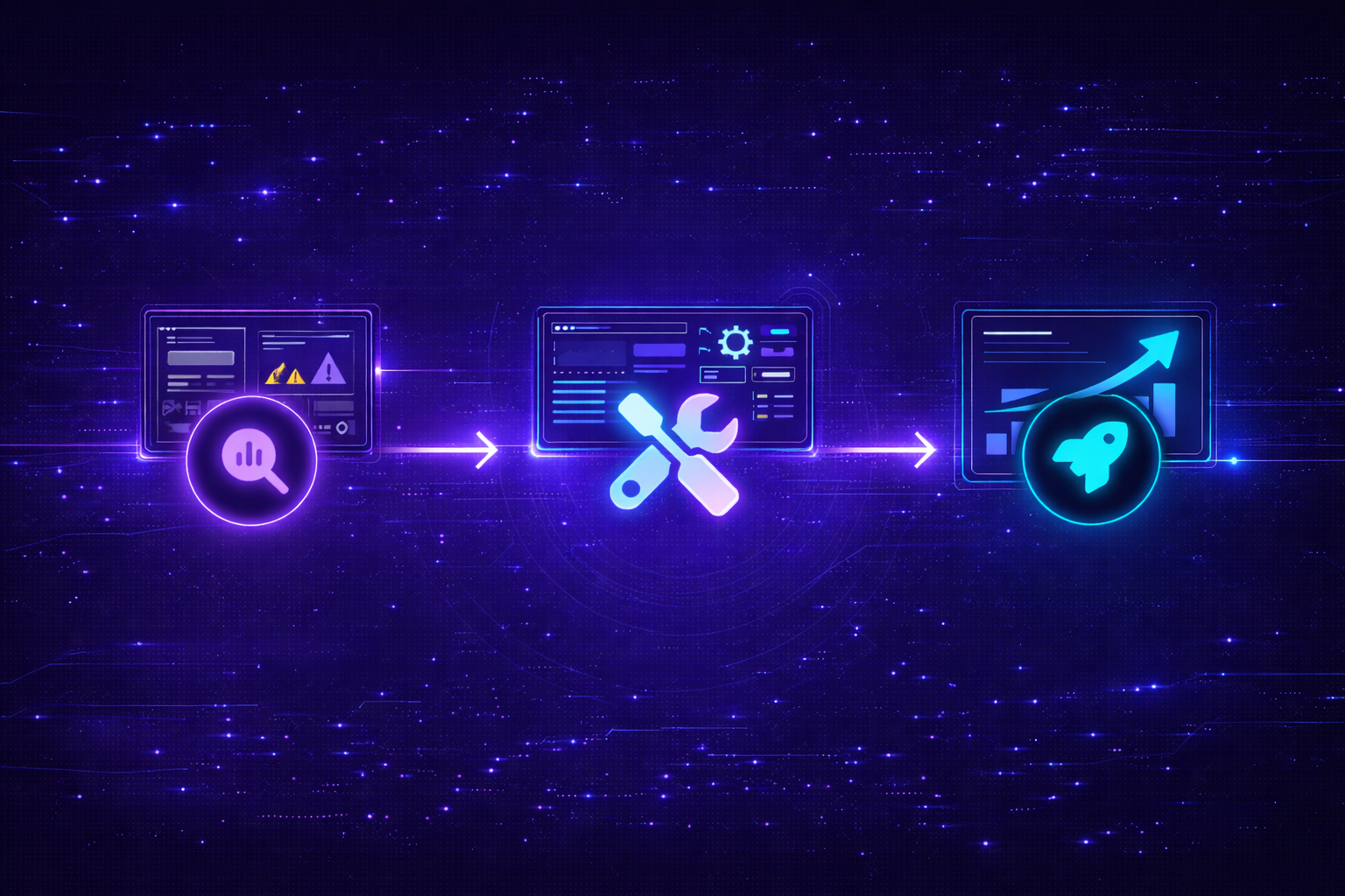 Diagram of data analysis process: research, tools, and growth depicted with glowing icons and blue visuals.