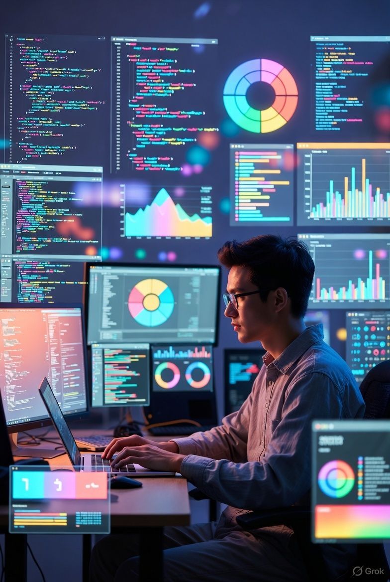 Man coding at a desk, surrounded by screens displaying data visualizations and code.
