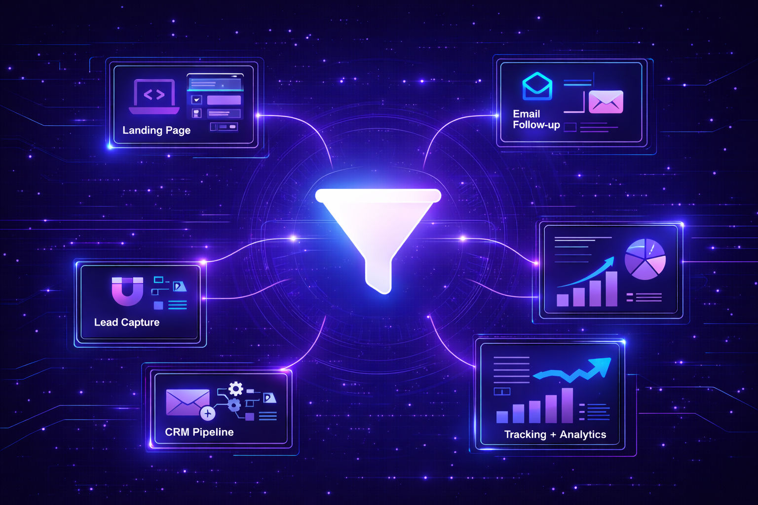 Marketing funnel illustration with digital screens: landing page, email, lead capture, CRM, analytics, and follow-up.