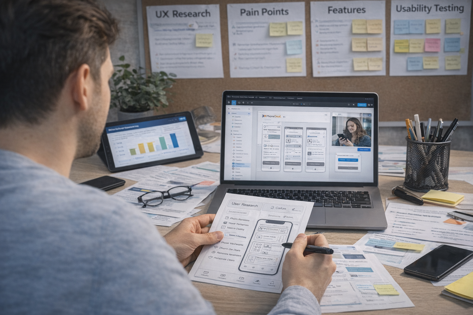 Man sketching a phone app design at a desk with laptop, tablet, sticky notes, and graph.