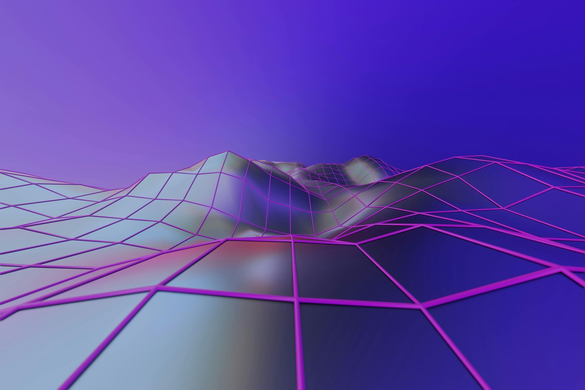 Abstract 3D landscape with pink grid overlay and gradient purple background.