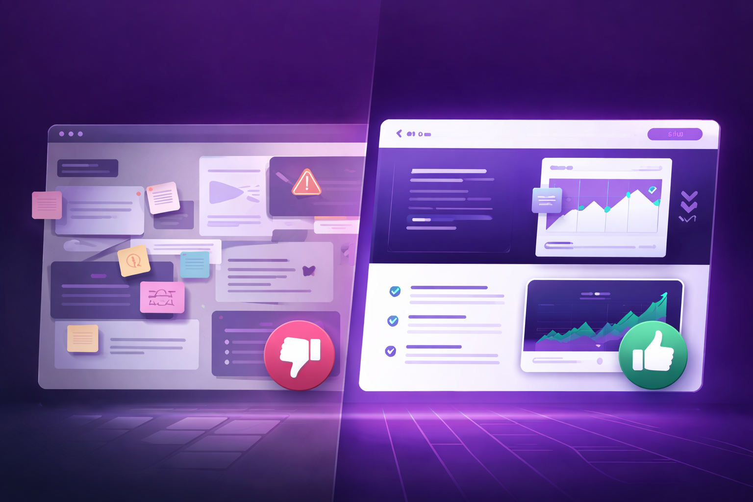 Comparaison d'une mise en page de site web encombrée et d'une mise en page organisée.