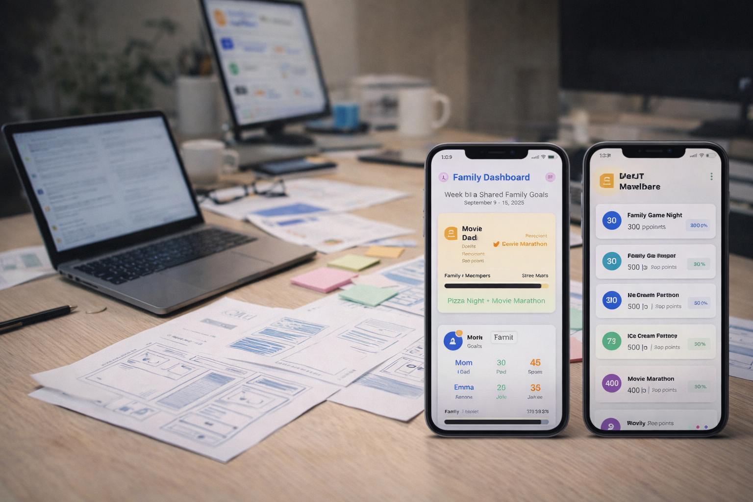 Two smartphones displaying app interfaces on a desk cluttered with papers, a laptop, and a monitor.