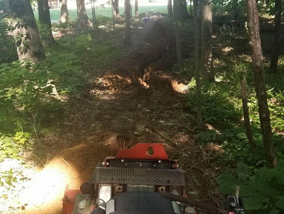Red lawn tractor on a dirt path in a wooded area, cutting grass.