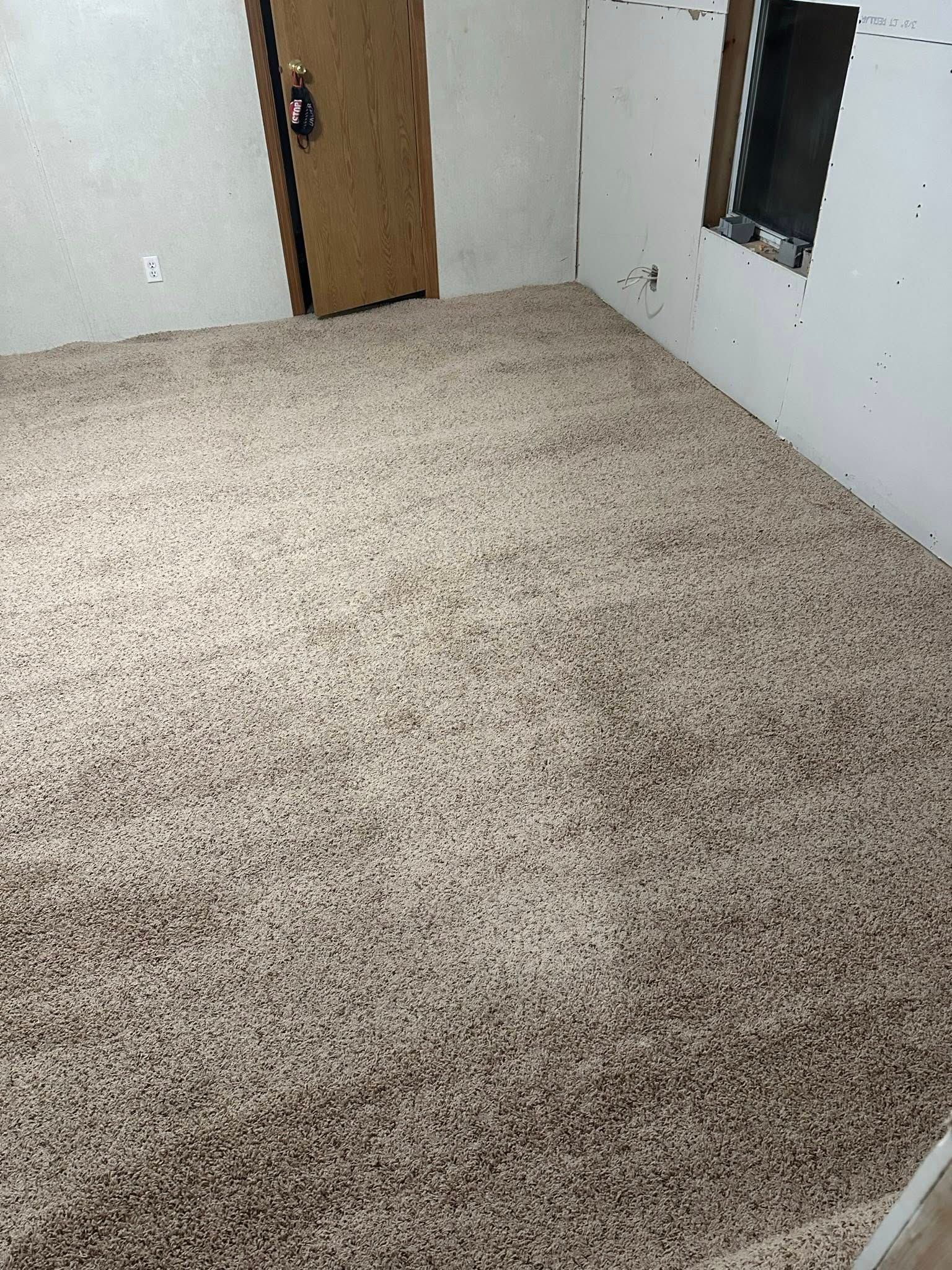 Beige and brown speckled carpet fills an empty room with a closed wooden door and small window.
