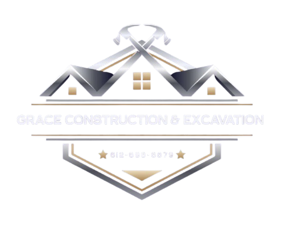Logo for Grace Construction & Excavation: crossed hammers above house silhouette, business name, and phone number.