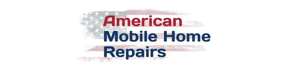 Logo for American Mobile Home Repairs featuring the text in red and blue against a stylized American flag background.