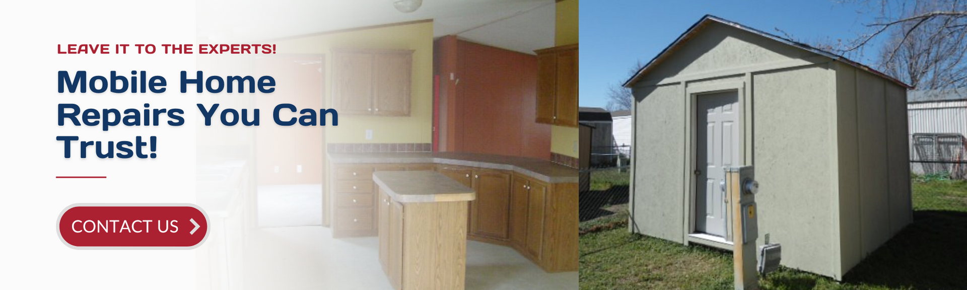 A business advertisement for mobile home repairs featuring a kitchen interior and a small outdoor shed, with a contact button.