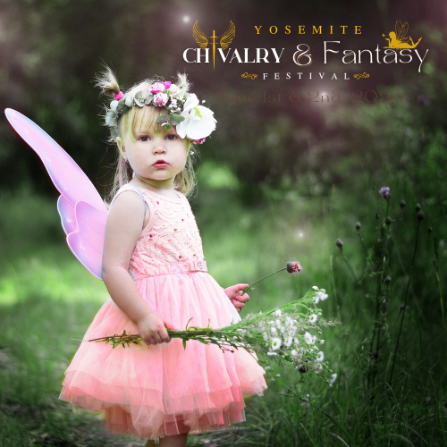 Young child in a pink dress with fairy wings and flower crown standing in a grassy field