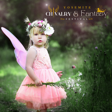 Young child in fairy costume holds flowers, posing in a forest setting; Yosemite Chivalry & Fantasy Festival logo.