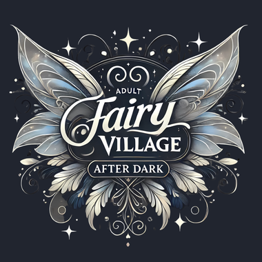 Dark fantasy logo reading “Adult Fairy Village After Dark” with silver wings and ornate floral details