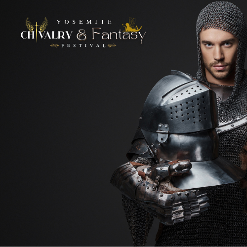 Man in chainmail and helmet, holding a gauntlet, dark background, Yosemite Chivalry & Fantasy Festival logo.