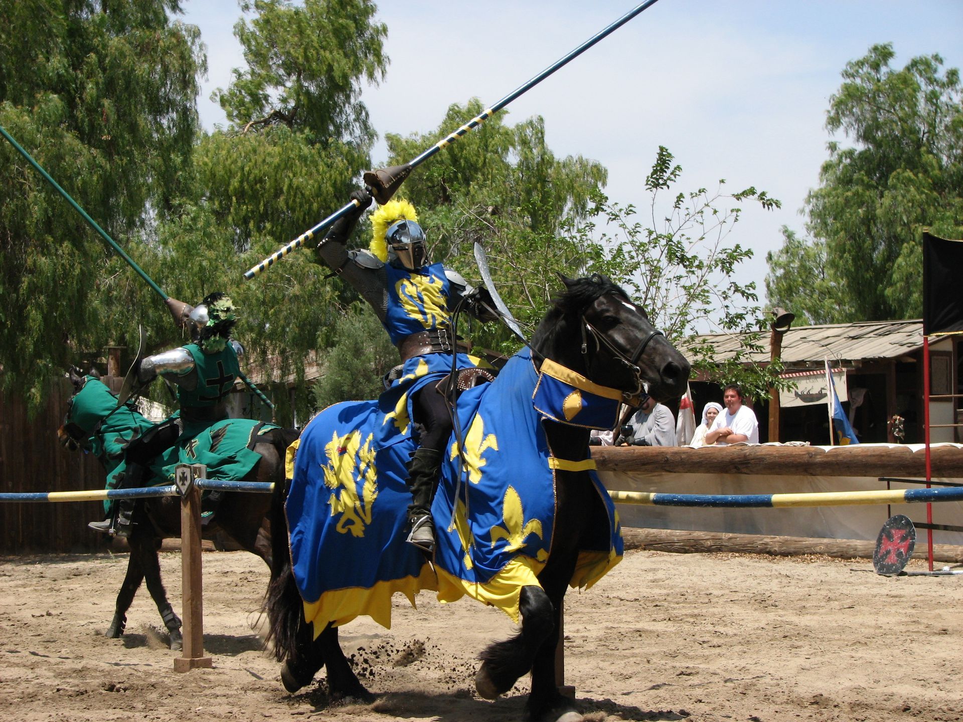 a man riding a horse with a blue and yellow armour