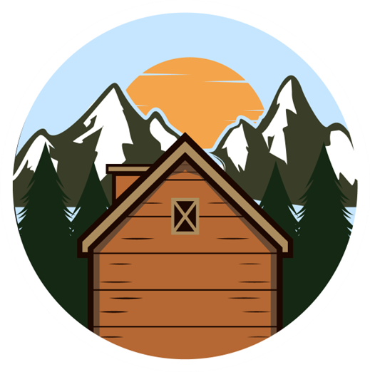 A wooden cabin in the woods with mountains in the background