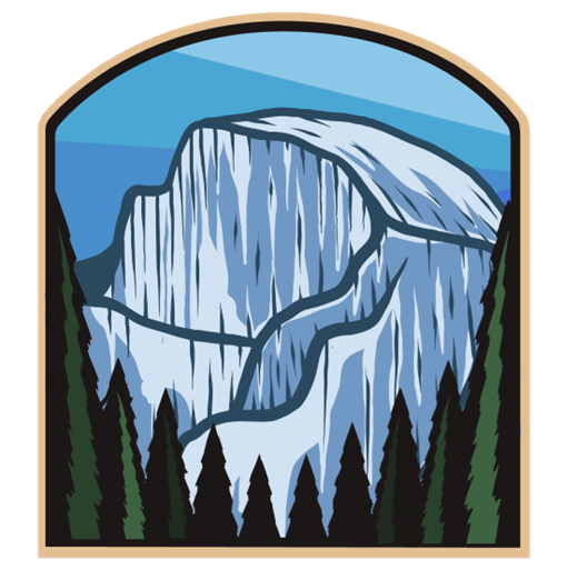 A sticker of a snowy mountain with trees in the foreground
