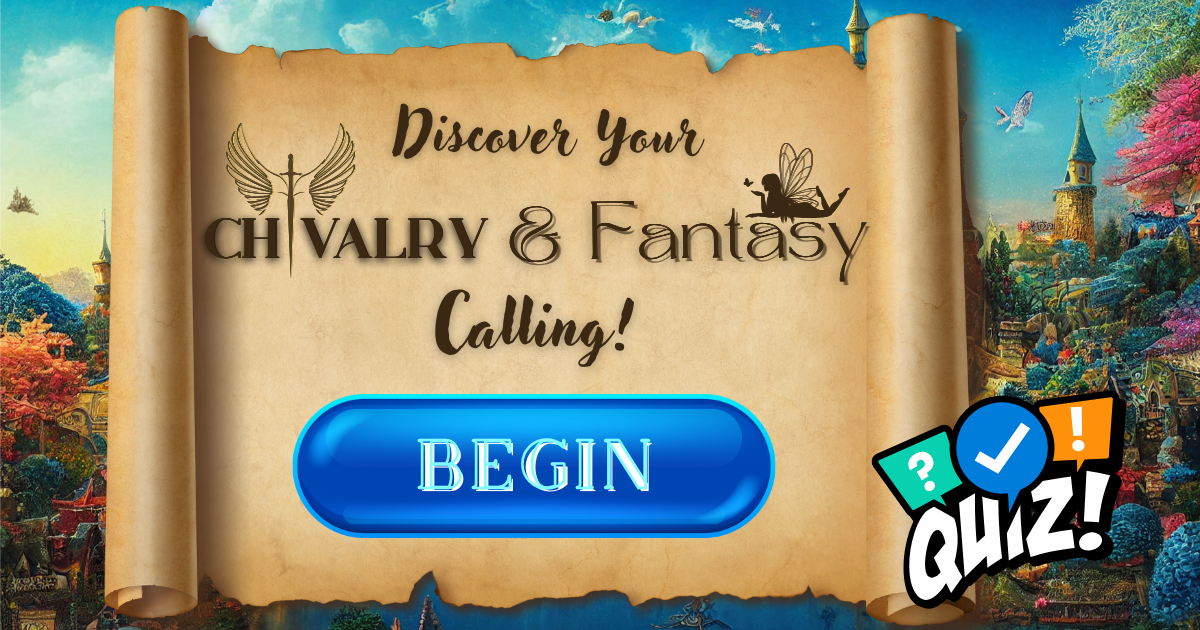 A sign that says ' discover your chivalry & fantasy calling ' on it