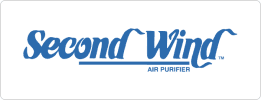 A blue and white logo for second wind air purifier