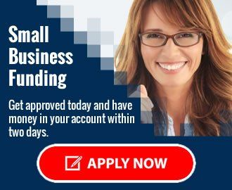 An advertisement for small business funding with a woman wearing glasses