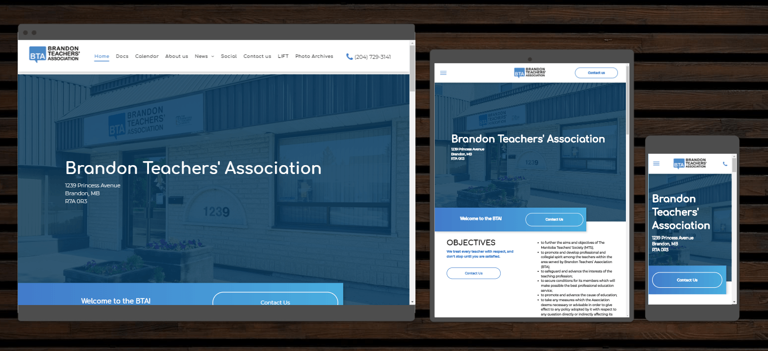 The brandon teachers association website is displayed on a computer , tablet , and cell phone.