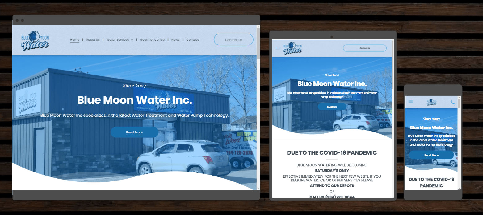 A blue moon water inc. website is displayed on a computer , tablet , and phone.