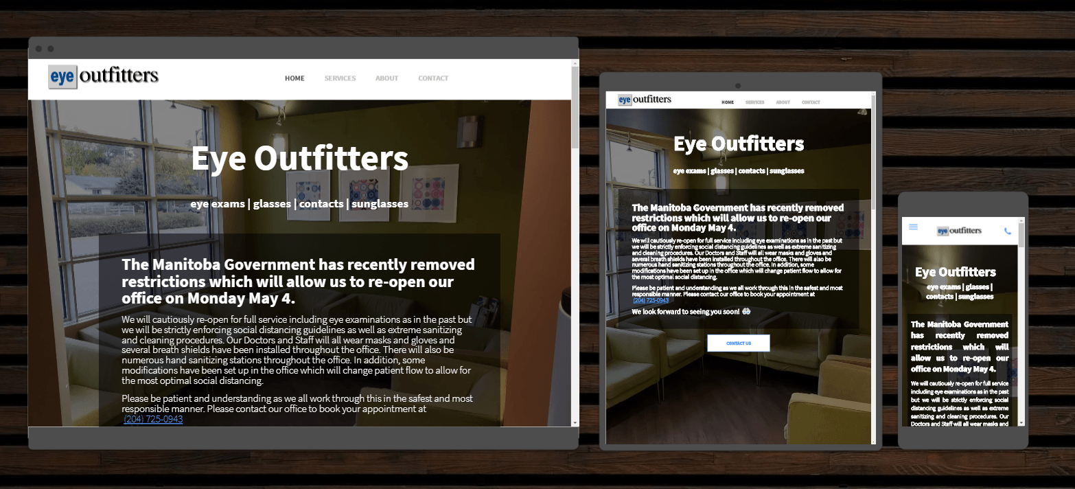A website for eye outfitters is displayed on three different devices