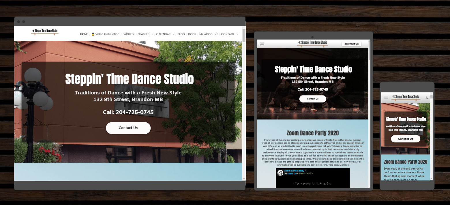 A website for steppin ' time dance studio is displayed on a computer , tablet , and phone.