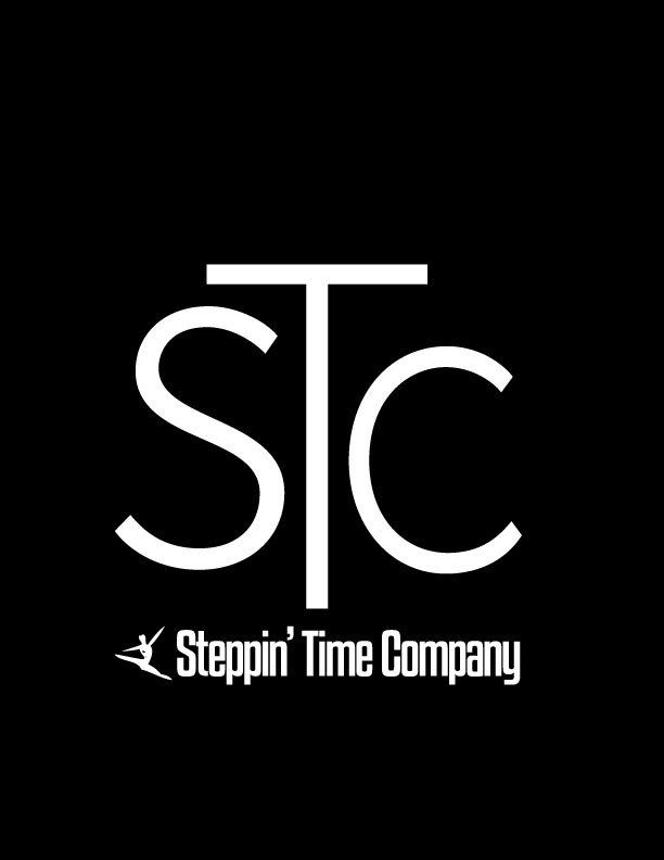 The stc steppin ' time company logo is white on a black background
