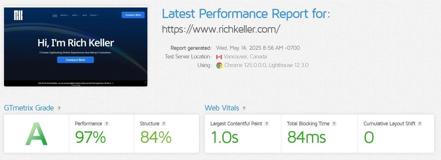 gtmetris score for richkeller.com