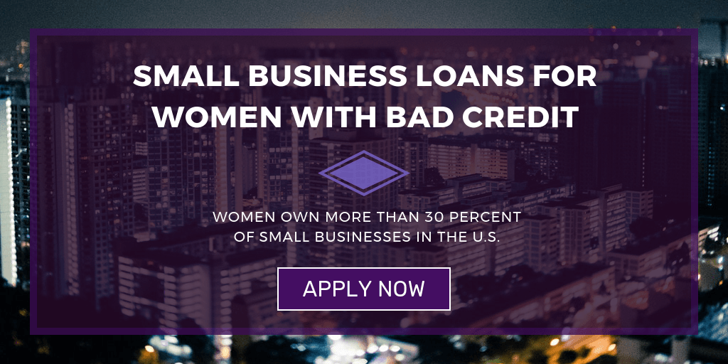 A purple sign that says small business loans for women with bad credit