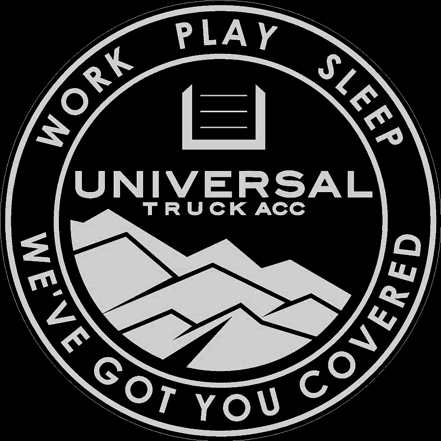The logo for universal truck acc says `` work play sleep we 've got you covered ''.