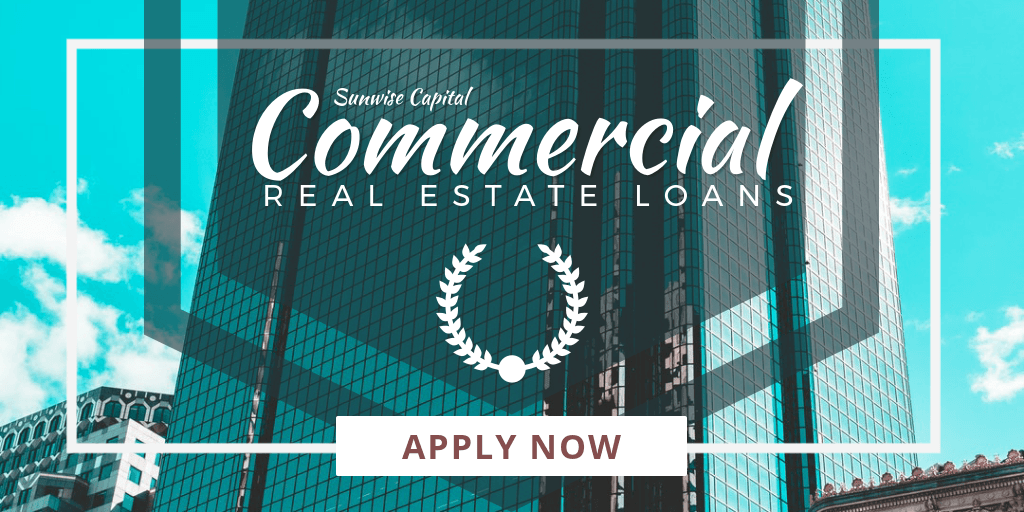 A banner for commercial real estate loans with a picture of a tall building.