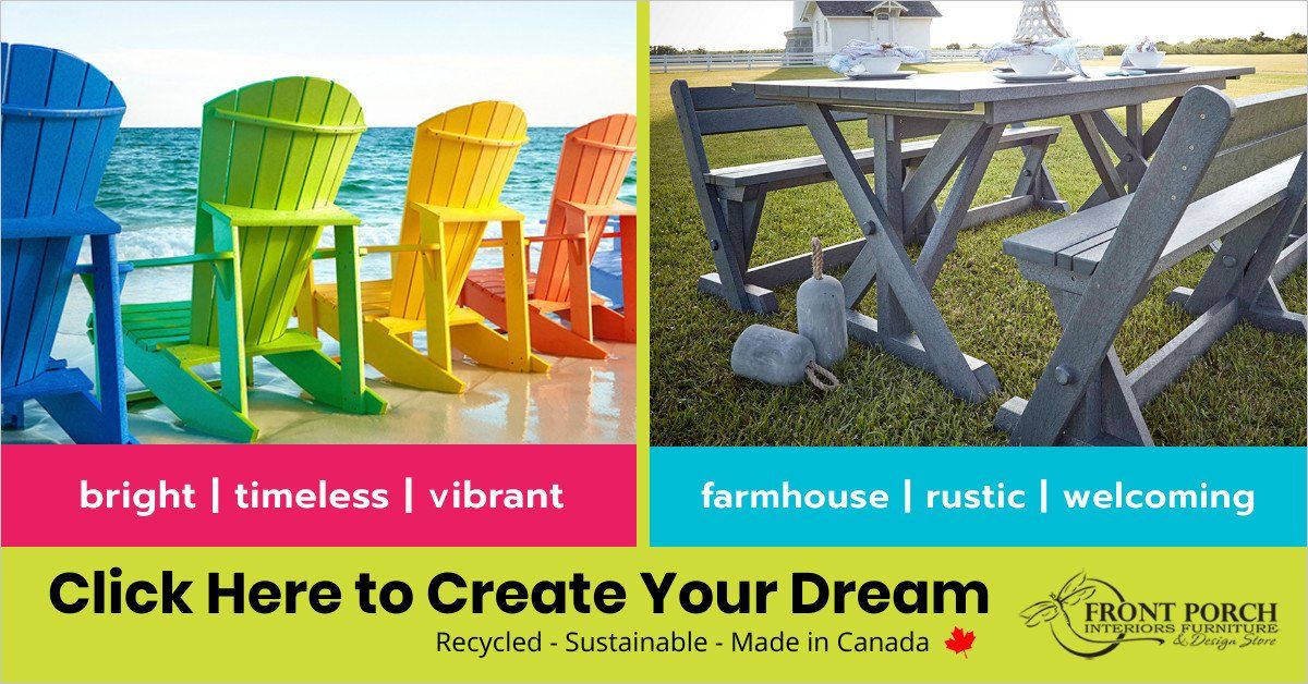 A picture of colorful chairs next to a picture of a picnic table.