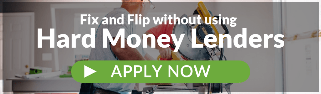 A man is fixing something in a kitchen with a green button that says `` fix and flip without using hard money lenders ''.