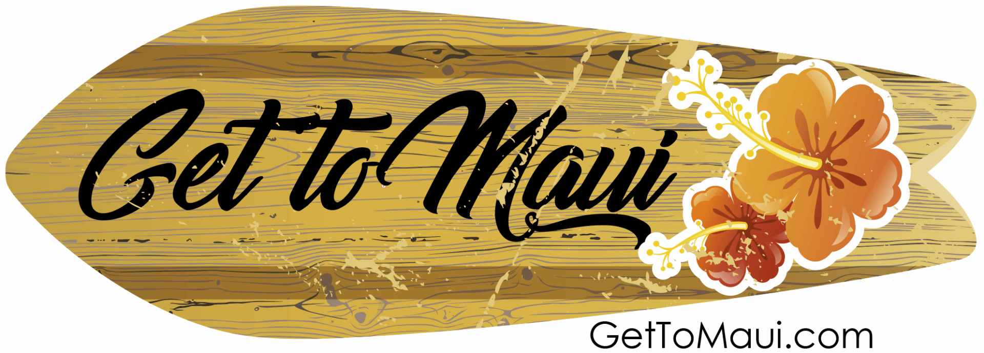 A wooden surfboard with the words `` get to maui '' written on it.