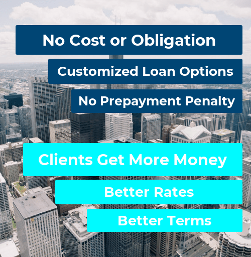 A picture of a city with the words no cost or obligation customized loan options no prepayment penalty clients get more money better rates better terms