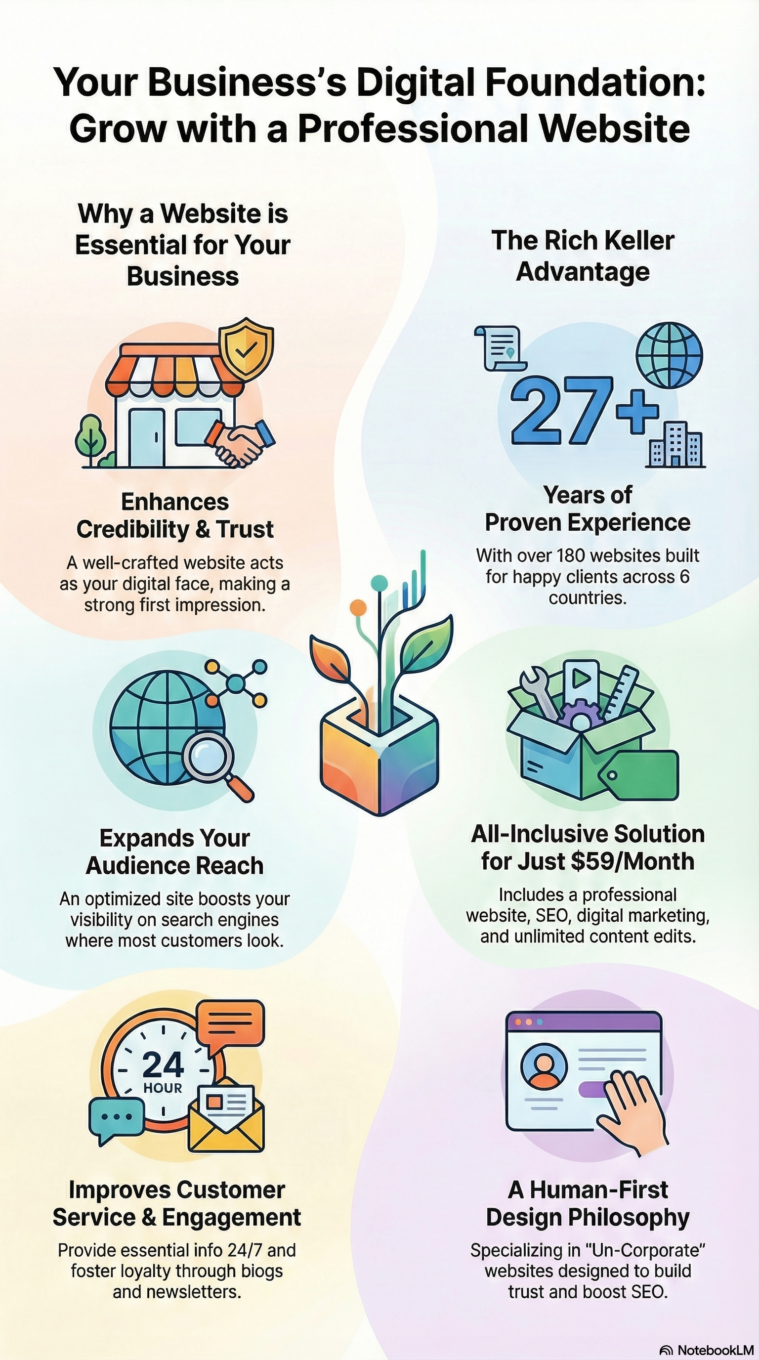 Infographic: Benefits of a professional website, including improved credibility, customer service, and audience reach.