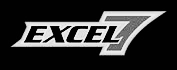A black and white image of the excel 7 logo on a black background.