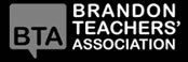 The brandon teachers association logo is black and white with a speech bubble.