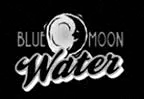 A black and white logo for blue moon water on a black background.