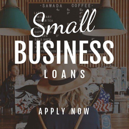 A woman in a hat is standing in front of a sign that says small business loans