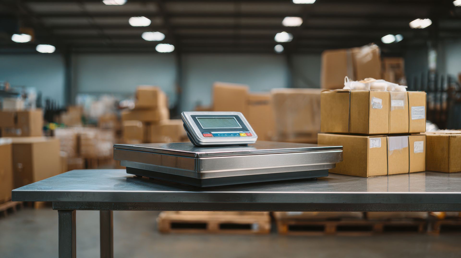 Industrial platform scale for freight weighing by commercial scale supplier in logistics warehouse.