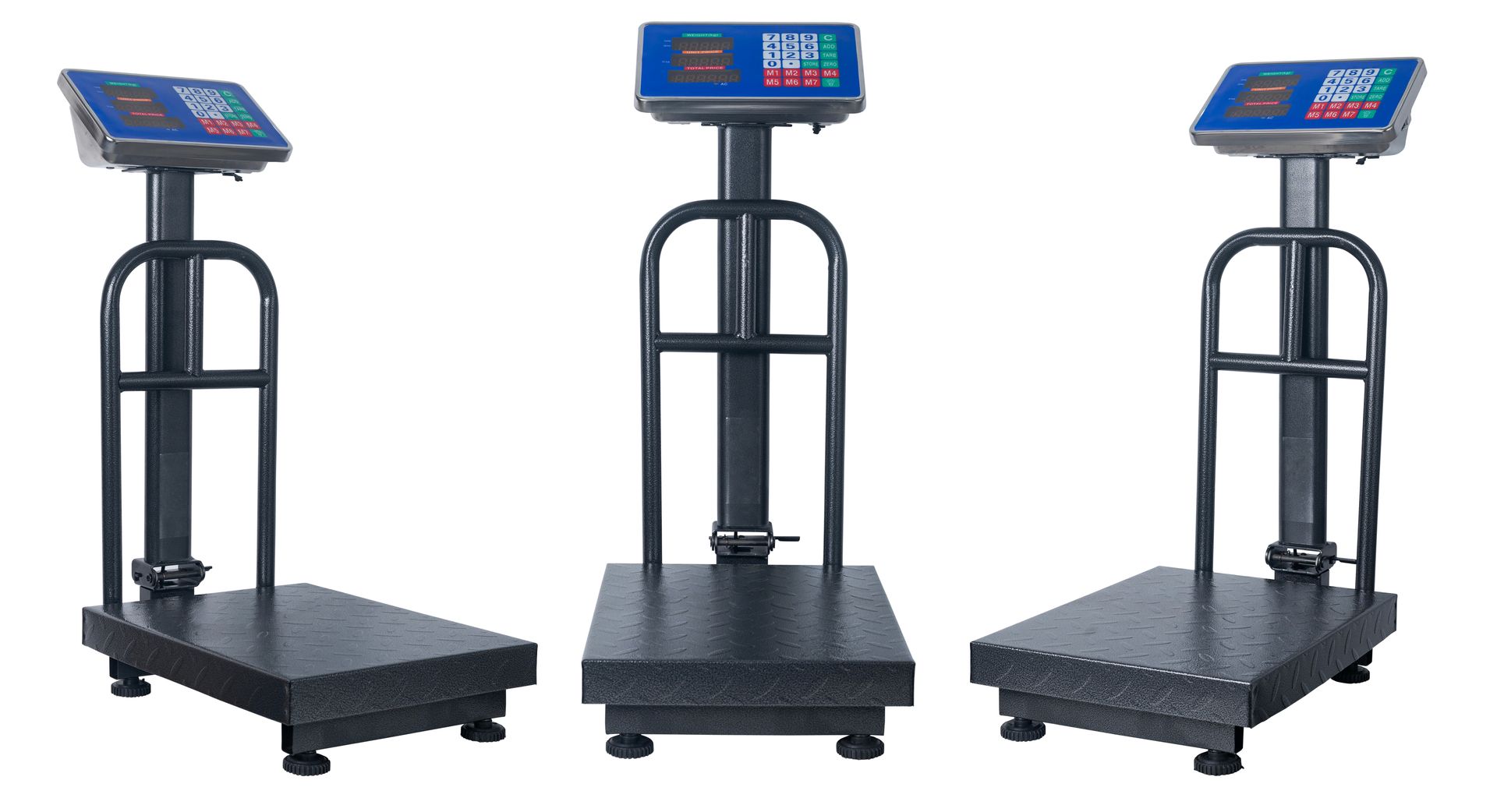 A three-angle picture of digital industrial scales on a white background