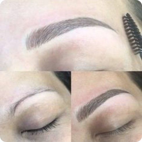 Eyebrow microblading before and after shots: full, dark brow vs. sparse, light brow.