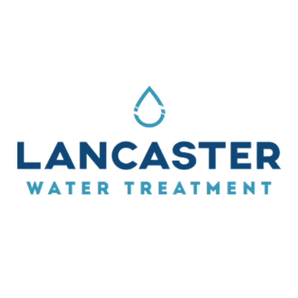 Logo for Lancaster Water Treatment: blue text and water drop icon on a white background.